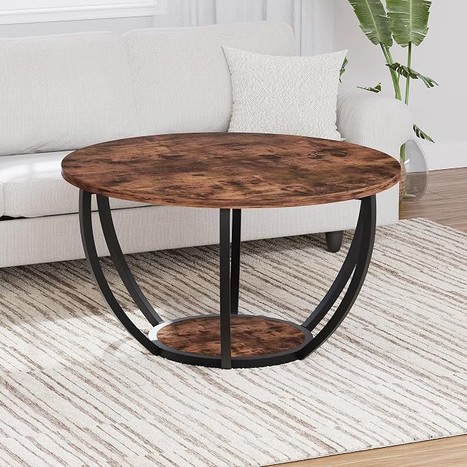 HOMERECOMMEND 28" Round Coffee Table with Storage,2-Tier Wood Accent Center Table for Living Room,Sofa Table for Home Office, Brown