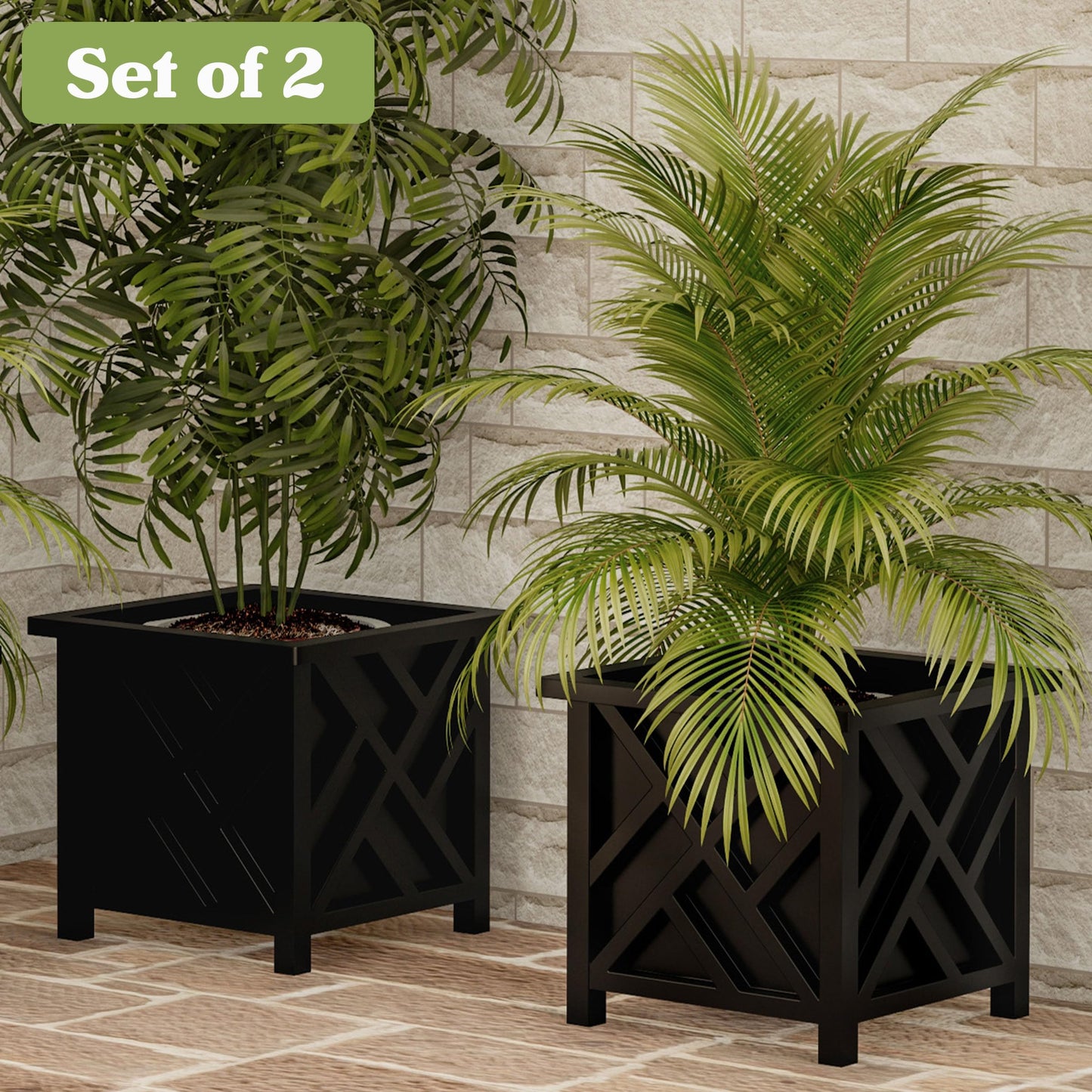 Lattice Design Planter Box 2-Pack – 14.75-Inch Decorative Outdoor Flower or Plant Pots – Front Porch, Patio, and Garden Decor by Pure Garden (Black)
