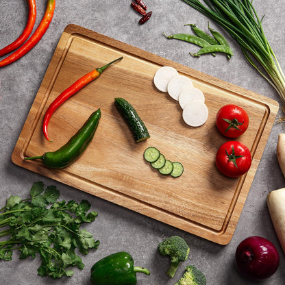 XL Cutting Board, 18x12 Large Acacia Wooden Cutting Board for Kitchen, Edge Grain Wood Chopping Board with Juice Groove and Handles, Pre-Oiled Carving Tray for Meat & Cheese