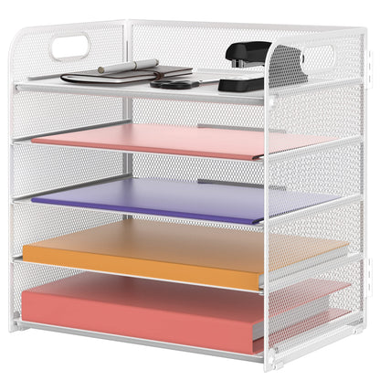 Supeasy 5 Trays Paper Organizer Letter Tray with Handle-Mesh Desk File Holders, Paper Sorter Desk Organizer for Office, Home, Classroom or School, White