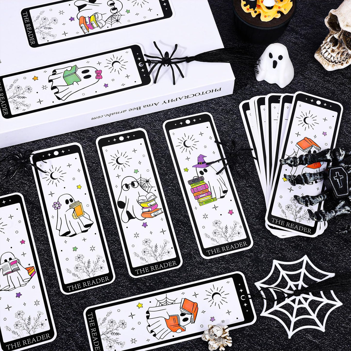 Whaline 60 Pcs Halloween Ghost Bookmark Cute Cartoon Reading Ghost Book Page Markers with Tassels for Book Lovers Student Teacher Home Classroom Supplies, Double-Sided