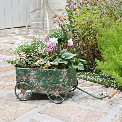 Zokyntrix Flower Cart with Wooden Handles, Metal Wagon Planters for Outdoor Plants, Garden Planter with Wagon Wheels, Decorative Wheelbarrow, Plant Cart for Patio Garden Balcony (Green)