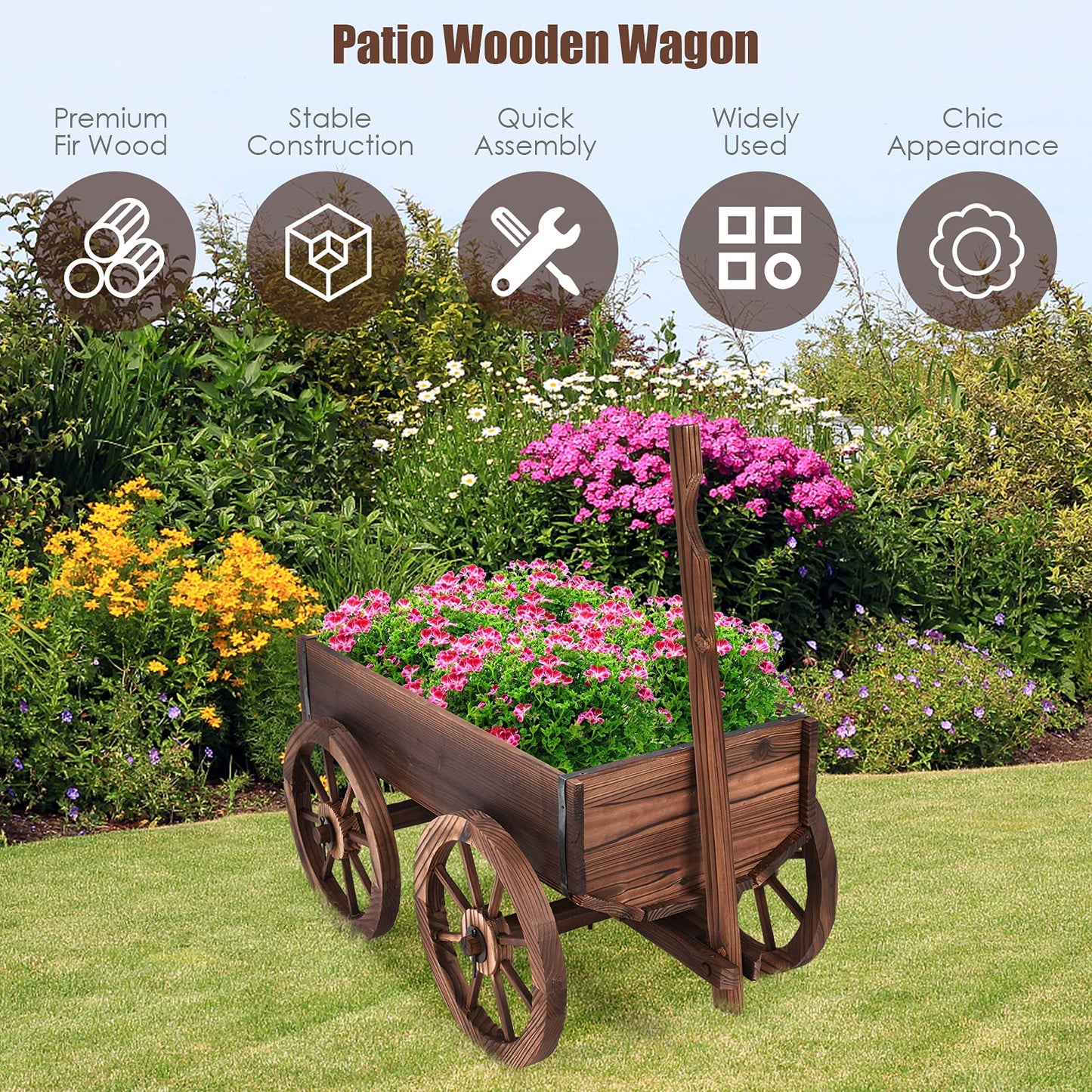 COSTWAY Wood Wagon Flower Planter Pot Stand with Wheels for Home, Garden, Indoor, Outdoor, Decor