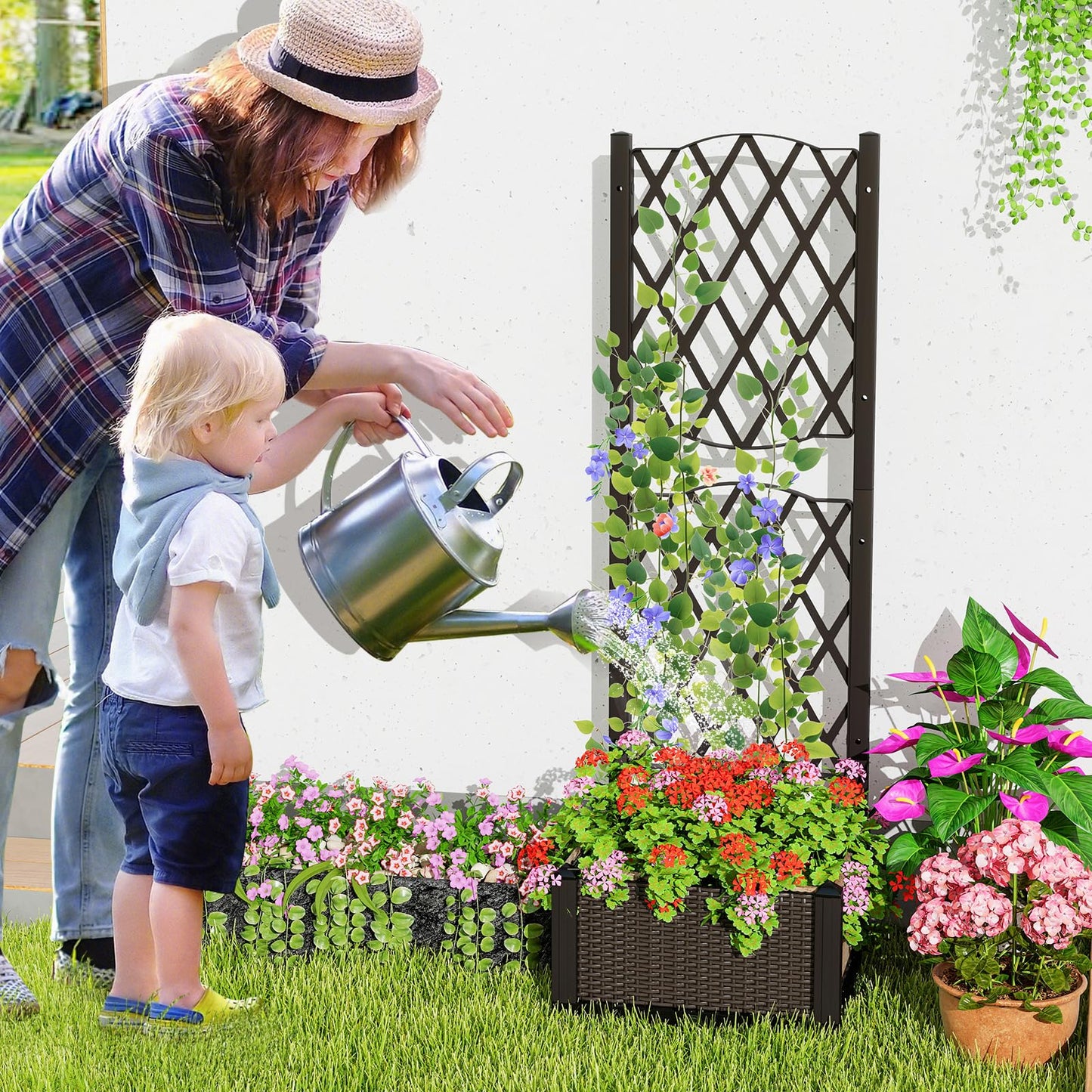 Giantex Raised Garden Bed with Trellis, Garden Planter for Vine Climbing Plant Vegetable Herb Flower, Outdoor Standing Garden Bed with Drainage Hole for Yard Balcony Entryway 16"x16"x 48"