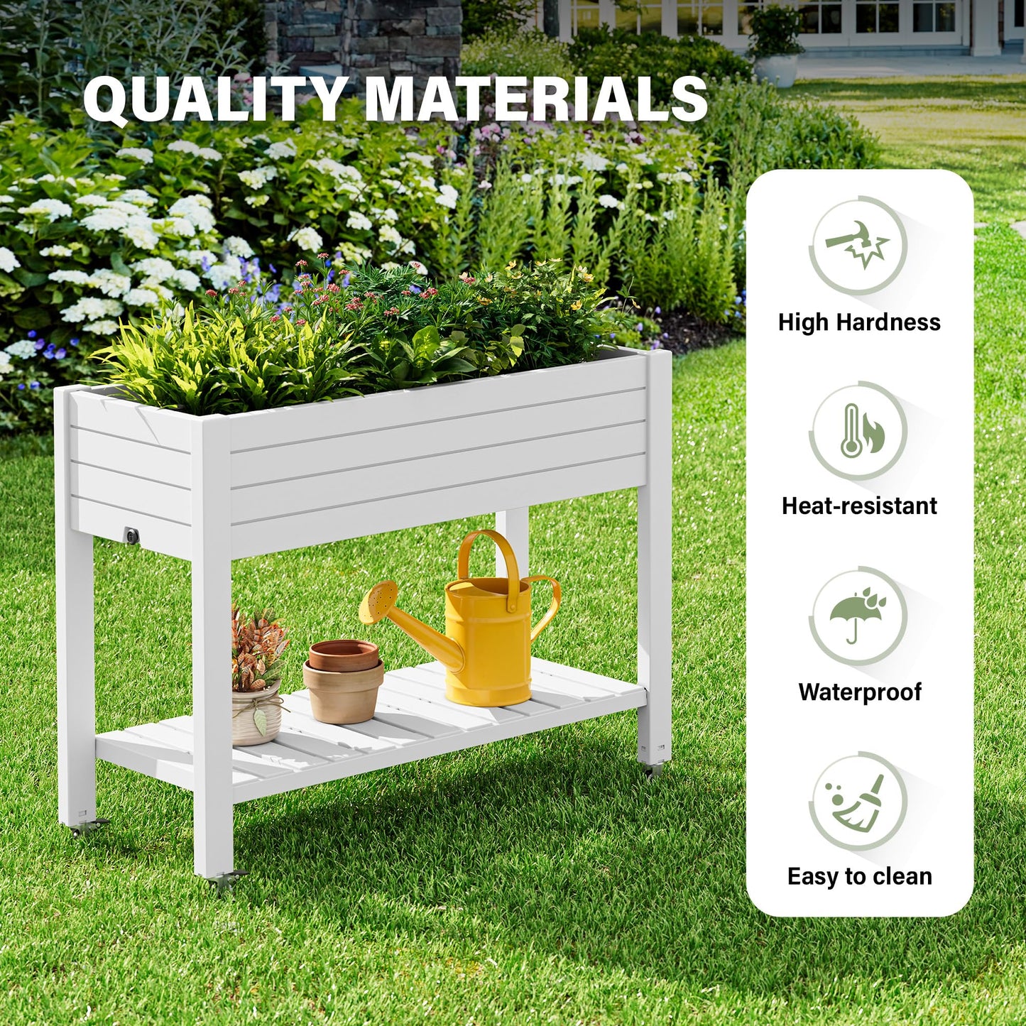 WTFGO Elevate 33.7" Tall Raised Garden Bed with Wheels, Divisible Resin Planter Box with Drainage Gauge & Storage Shelf, Herb Planter for Garden Patio Backyard, Ashen (33.7" h)