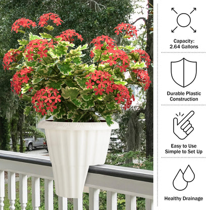 Railing Planter Box 2-Pack - 13.5-Inch Round Outdoor Flower Pots with Drainage Inserts - 2.64-Gallon Outdoor Planters for Porch, Deck, Fence, or Balcony Railings 3” - 3.75” Wide by Pure Garden (White)