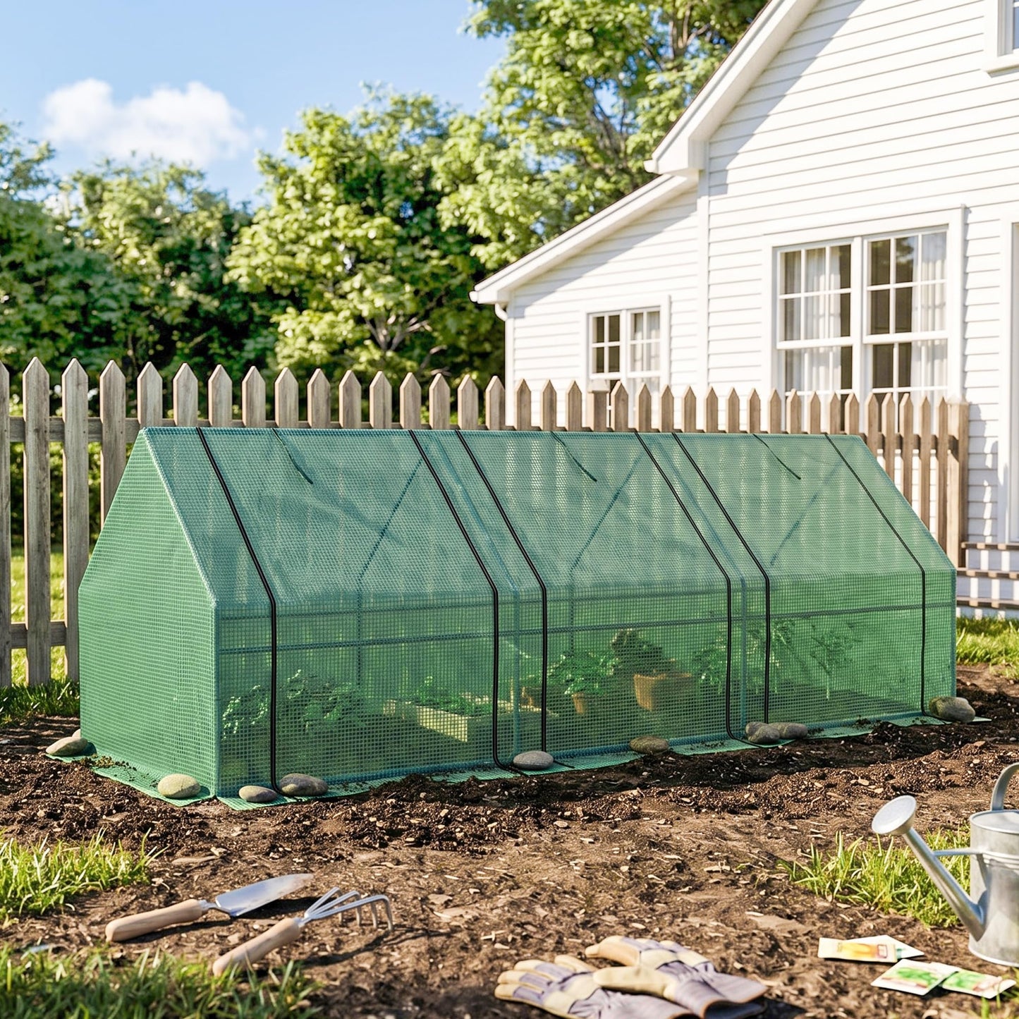 Outsunny 9' x 3' x 3' Mini Greenhouse with Zippered Doors & Roll-up Windows, Portable Plant Hot House with PE Cover, Water Resistant, UV Protected for Outdoor Flowers, Vegetables, Green