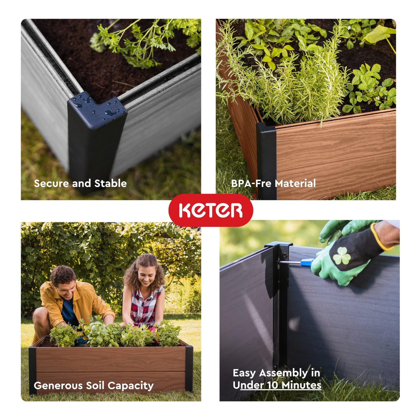 Keter 48" X 48" inches Wood Look Raised Garden Bed, Durable Outdoor Herb Garden Planter for Vegetables, Flowers, and Succulents, Brown