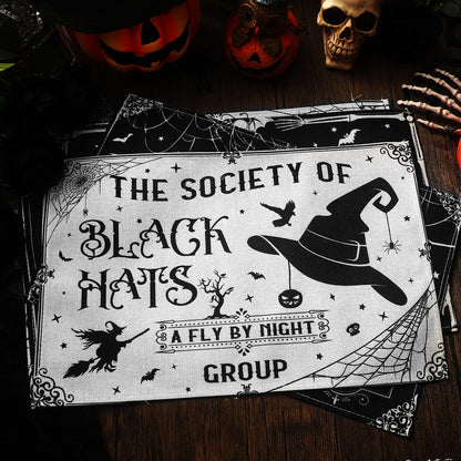 Umigy 6 Pcs Halloween Placemats 12"x18" Gothic Bat Placemats Kitchen Decoration Washable Witch Place Mats Rectangle Skull Table Mats for Halloween Dining Table Accessories(Black White Character Style)