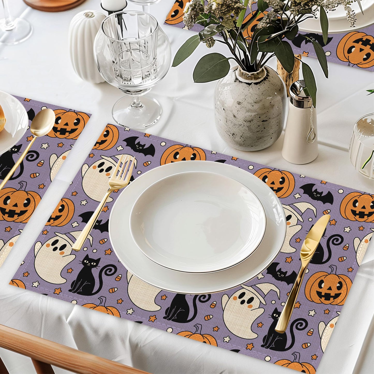 Halloween Ghosts Pumpkins Table Mats Set of 6,Black Cats Non-Slip Washable Placemats for Restaurant Home Kitchen Dinner Table 12x18Inch