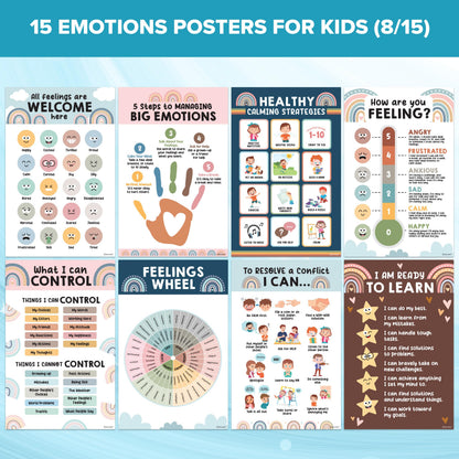 Decorably 15 Social Emotions Poster for Classroom, 11x17in Educational, Matte-Laminated Chart for Kids - School Hallways, Bulletin Boards, Home Study Room