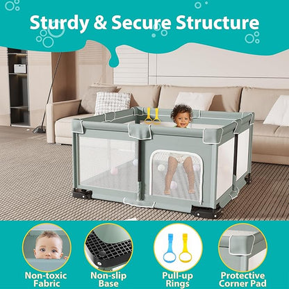 ICAREWAY Foldable Playpen for Babies and Toddlers, 50x50 Inches Portable Playpen, Kids Collapsible Play Pen with 2 Handlers, Indoor & Outdoor Baby Fence Play Area with Visible Mesh, Light Green