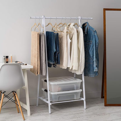 IRIS USA Clothes Rack for Hanging Clothes with Shelf, Freestanding Clothing Rack, Easy to Assemble Garment Rack, Metal, Sturdy Design, Multipurpose, Small Space Storage Solution, White