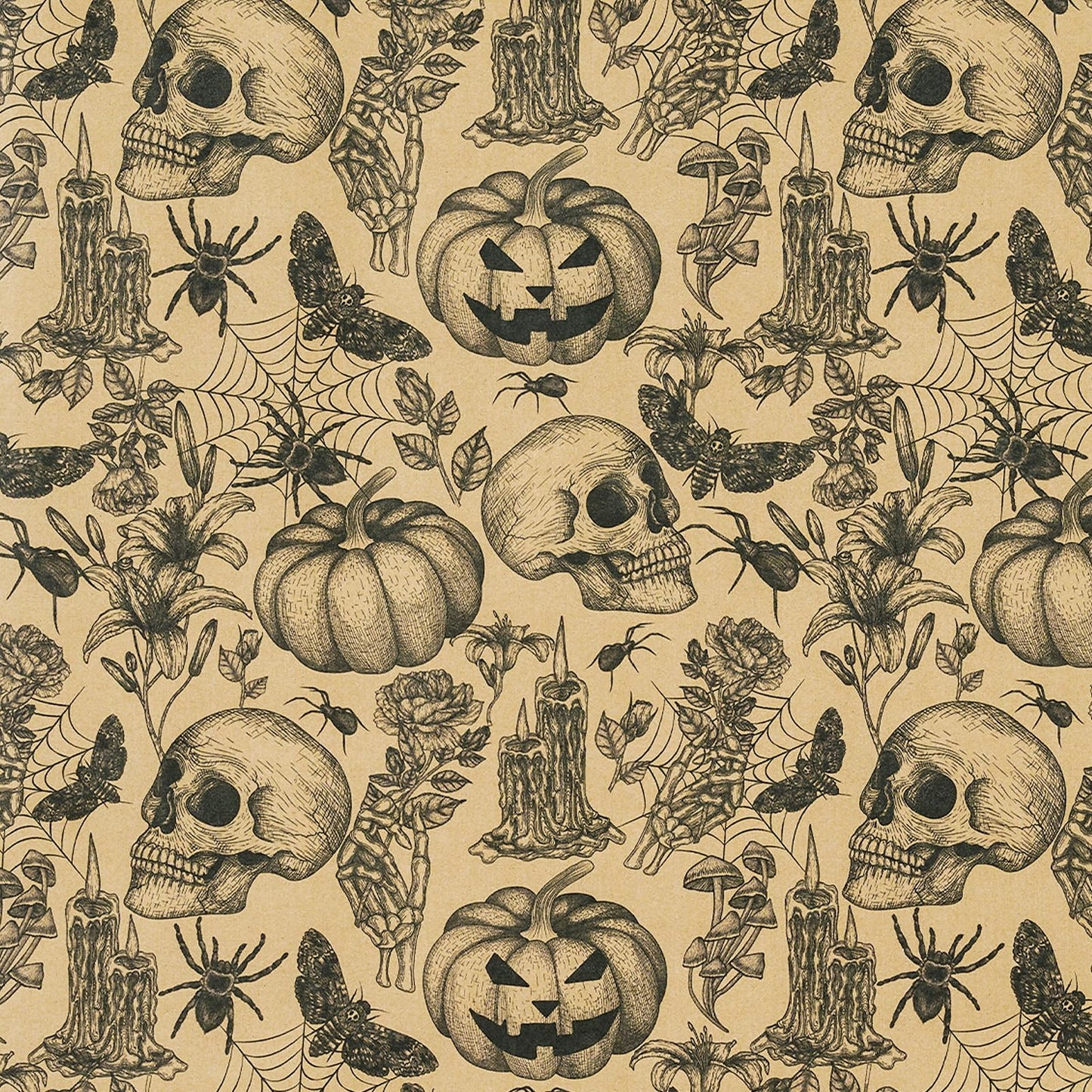 RUSPEPA 30" X 32.8' Kraft Autumn Wrapping Paper Large Paper Roll, Jumbo Roll, Vintage Black Skull, Spider, Pumpkin and Gothic Floral Design Kraft Gift Wrap for Fall Holiday and Halloween Party