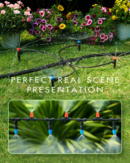 300FT Drip Irrigation System Kits - Automatic Garden Watering Sprinkler with 1/2 & 1/4 inch Tubing Hose Patio Misting Plant Irrigation Water Equipment Quick Connector for Greenhouse Flower Beds Lawn