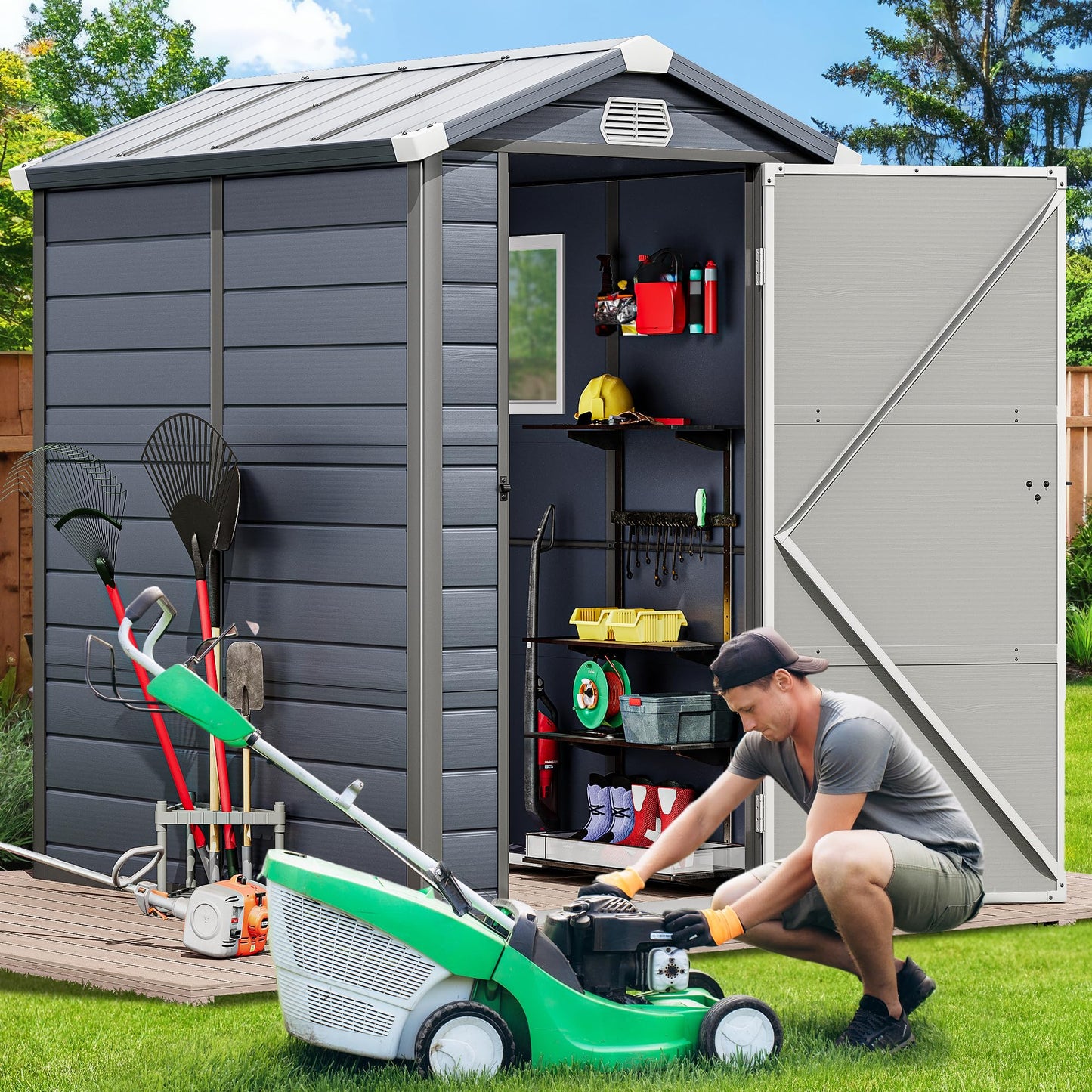 YITAHOME 4.4x6FT Resin Storage Unit sans Flooring, All-Weather Plastic Shed with Window, Vents and Secured Doors, Outdoor Plastic Tool Cabin for Poolside, Lawn, Backyard, Patio, Dark Gray