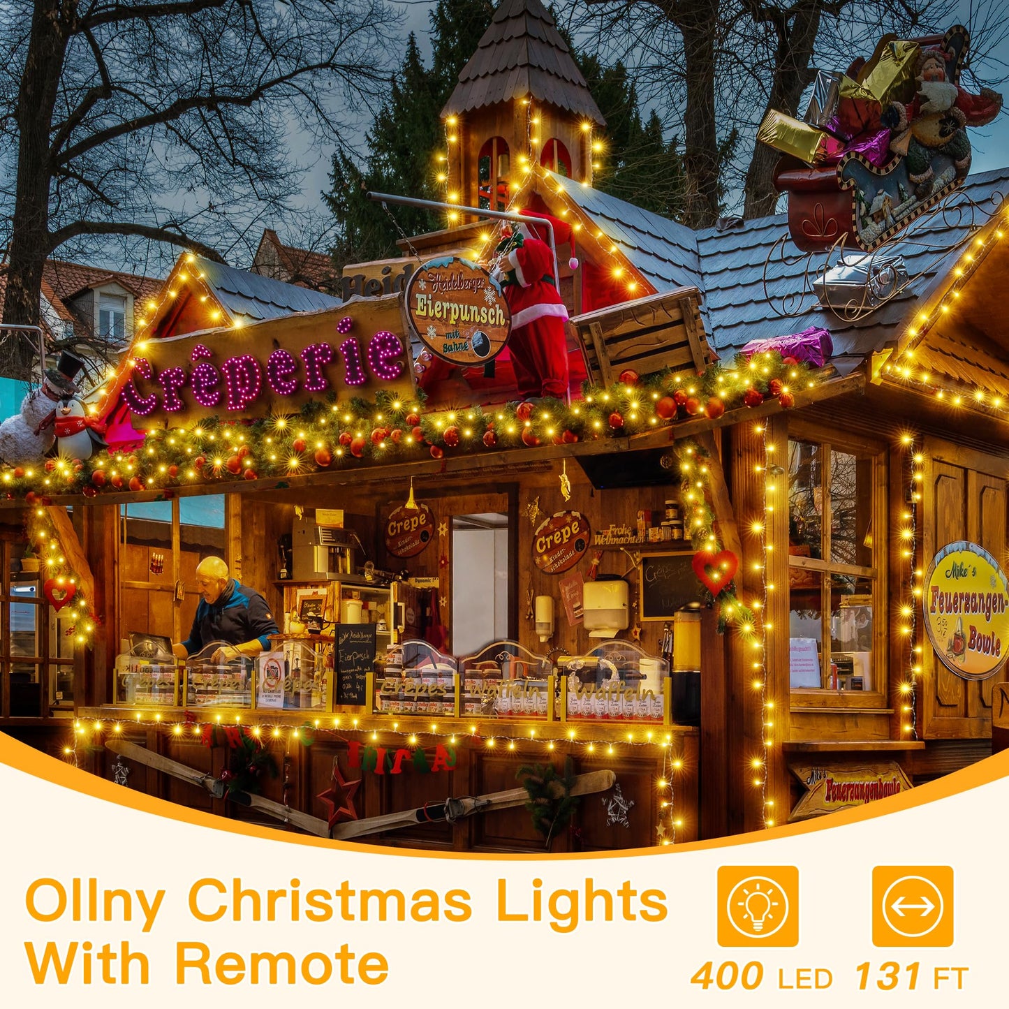 Ollny 400LED 131FT Christmas Lights Outdoor, Clear Wire Fairy Lights with Remote 3 Timer, Plug in 8 Modes String Lights for Bedroom Indoor Outside House Party Xmas Decorations, Warm White