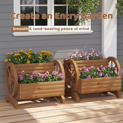 FILWH Wooden Wagon Planters for Outdoor Plants, Flower Cart, Wood Planter Boxes Outdoor, Backyard Decor, Flower Planters Outdoor with Wheels Planter for Flowers Vegetables (Brown)