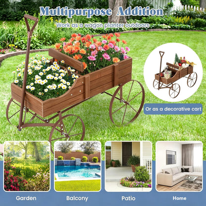 DORTALA Wood Wagon Planter, Outdoor Garden Flower Planter Cart with Wheels, Small Decorative Wood Raised Bed Plant Pot Box Stand for Backyard, Patio, Balcony, Natural