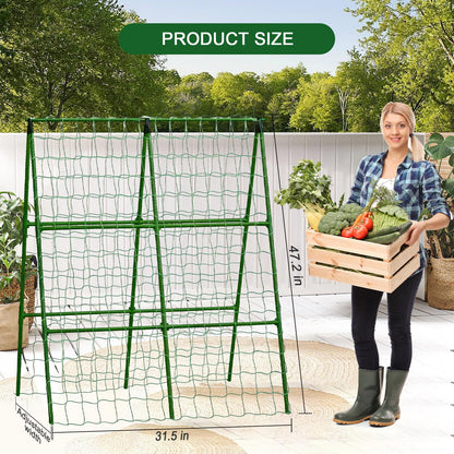 2-Pack A-Frame Cucumber Trellis for Raised Bed - 33"x47" Foldable Garden Trellis with Net & Clips|Space-Saving Metal Plant Support for Cucumber, Tomato, Peas|Rust-Proof Outdoor Climbing Plants Trellis
