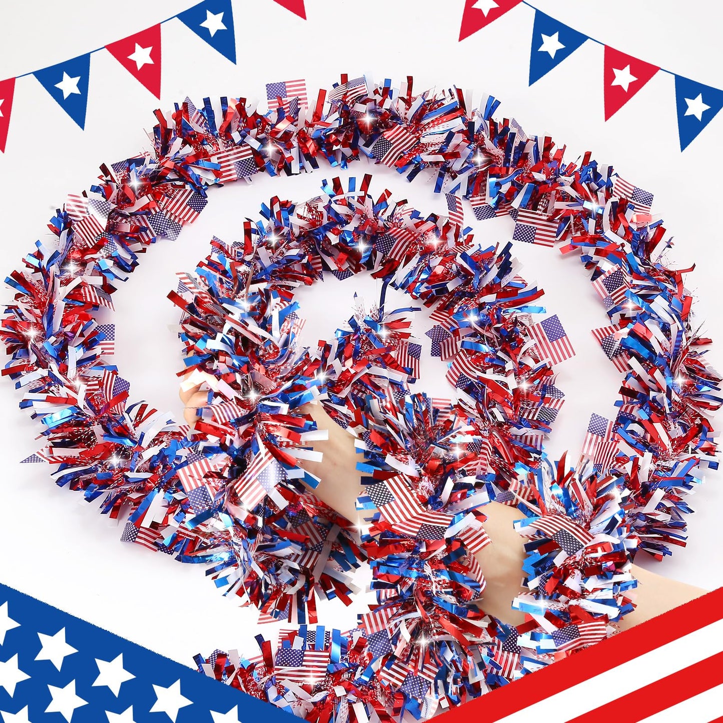 50 FT 4th of July Tinsel Garland, Red White and Blue Patriotic Flags Garland for Home Party Holiday Celebration for 250th Anniversary Memorial Day Independence Day 4th of July Decorations