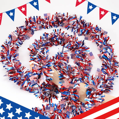 50 FT 4th of July Tinsel Garland, Red White and Blue Patriotic Flags Garland for Home Party Holiday Celebration for 250th Anniversary Memorial Day Independence Day 4th of July Decorations