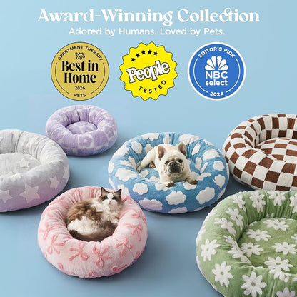 LE SURE Shown on TV Donut Dog Beds for Small Dogs - Calming Cat Sofa as Bed Gift for Indoor Cats with Washable Cover, Round Home Decor Cute Pet Beds with Jacquard Shaggy Plush, 23 Inch, Flower Checks