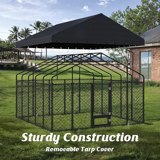 10x10FT Dog Kennel Outdoor with Roof - Heavy Duty Metal Fence Playpen for Large Dogs, Weatherproof Enclosure with Double Lock Gate & Feeding Swivel Door