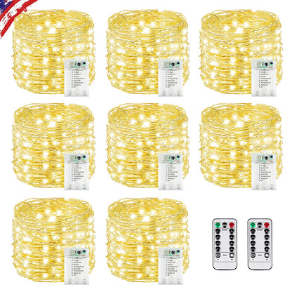 KAQ 8 Pack Fairy Lights 480LED Warm White Battery Operated with Remote, Waterproof, Cuttable String Light for Indoor/Outdoor Decor