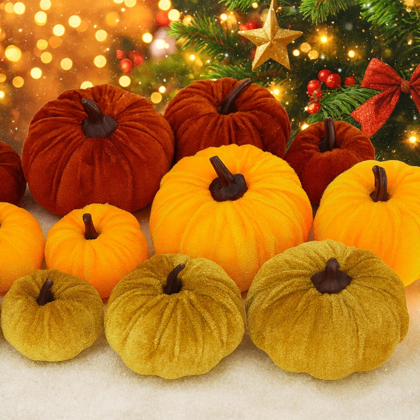FAFVBING 12 Faux Flocked Pumpkins, Perfect for Fall Harvest, Halloween, or Thanksgiving Table Centerpieces(12, Orange, Yellow, and Crimson)