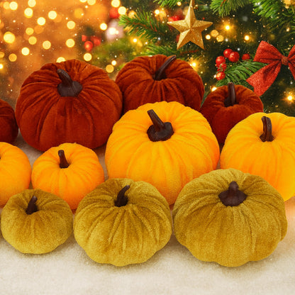 FAFVBING 12 Faux Flocked Pumpkins, Perfect for Fall Harvest, Halloween, or Thanksgiving Table Centerpieces(12, Orange, Yellow, and Crimson)