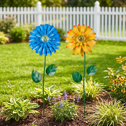 Topadorn Set of 2 Glow-in-the-Dark Flower Garden Stakes, 25" Metal Plant Picks with Shaking Heads, Weatherproof Yard Pathway Decor