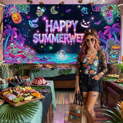 Printspree Summerween Banner Halloween Decorations - 70.8x35.4 Inch Summer Halloween Party Backdrop for Home Pink Pumpkin Tropical Palm Tree Beach Summerween Party Supplies Wall Decor