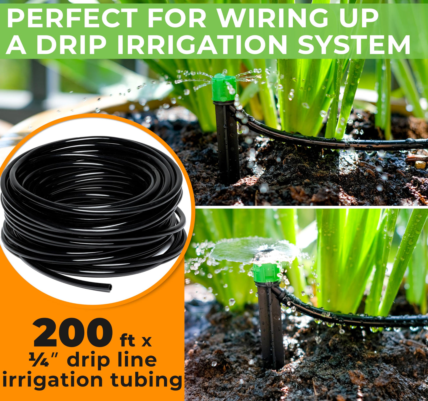 CARPATHEN 1/4 Drip Irrigation Tubing - 200 ft Black Drip Irrigation Hose Perfect for DIY Garden Irrigation System, Hydroponics, Misting, or as Blank Distribution Tubing for Any Garden Project