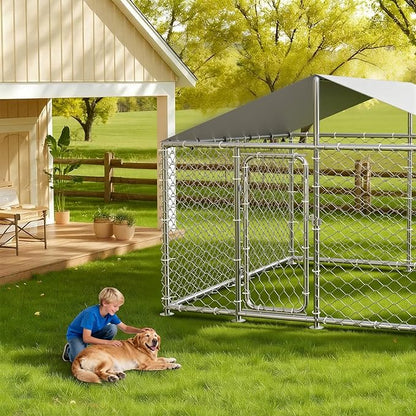7.8'x7.8' Outdoor Dog Kennel, Heavy-Duty Dog Run with Wire Mesh Fence, Lock & Waterproof Cover for Large Dogs