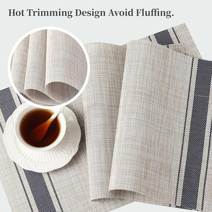 Leetaltree Khaki-Blue Placemats, Heat Resistant Non-Slip Place mats for Dining Table, Washable Durable PVC Vinyl Woven Table Mats (Set of 6)