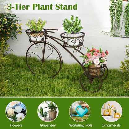Toolsempire Tricycle Plant Stand, 3-Tier Metal Plant Stand Bicycle Flower Pot Cart with Hollowed Baskets, Planter Potted Holder for Patio, Garden, Deck, Lawn (Bronze)