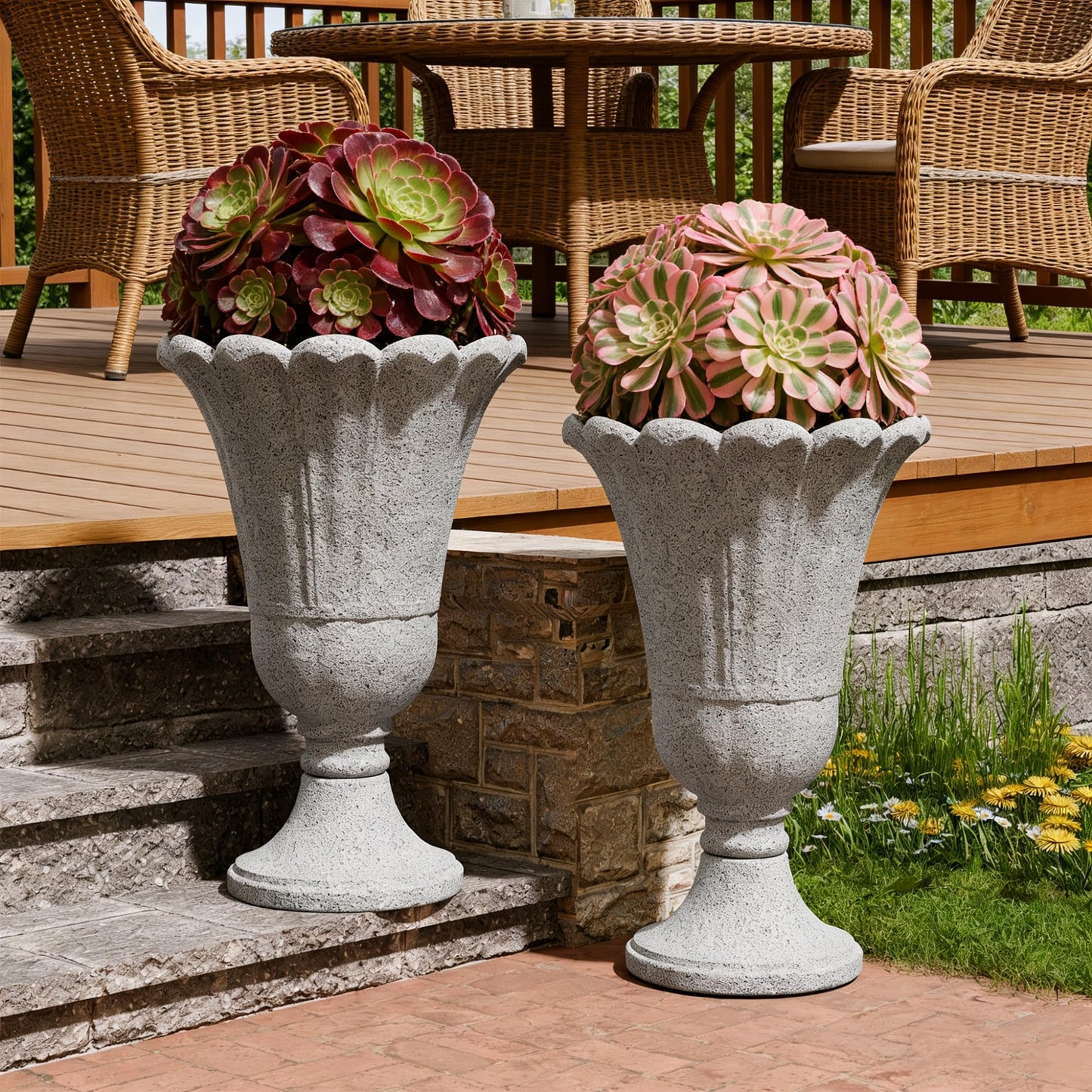 Trygoal 23.6" Tall Plastic Urn Planters for Outdoor Plants with Drainage Holes & Petal Design, Set of 2 Heavy-Duty Classic Indoor Large Flower Pots, Outdoor Planters for Porch/Home/Garden, Gray