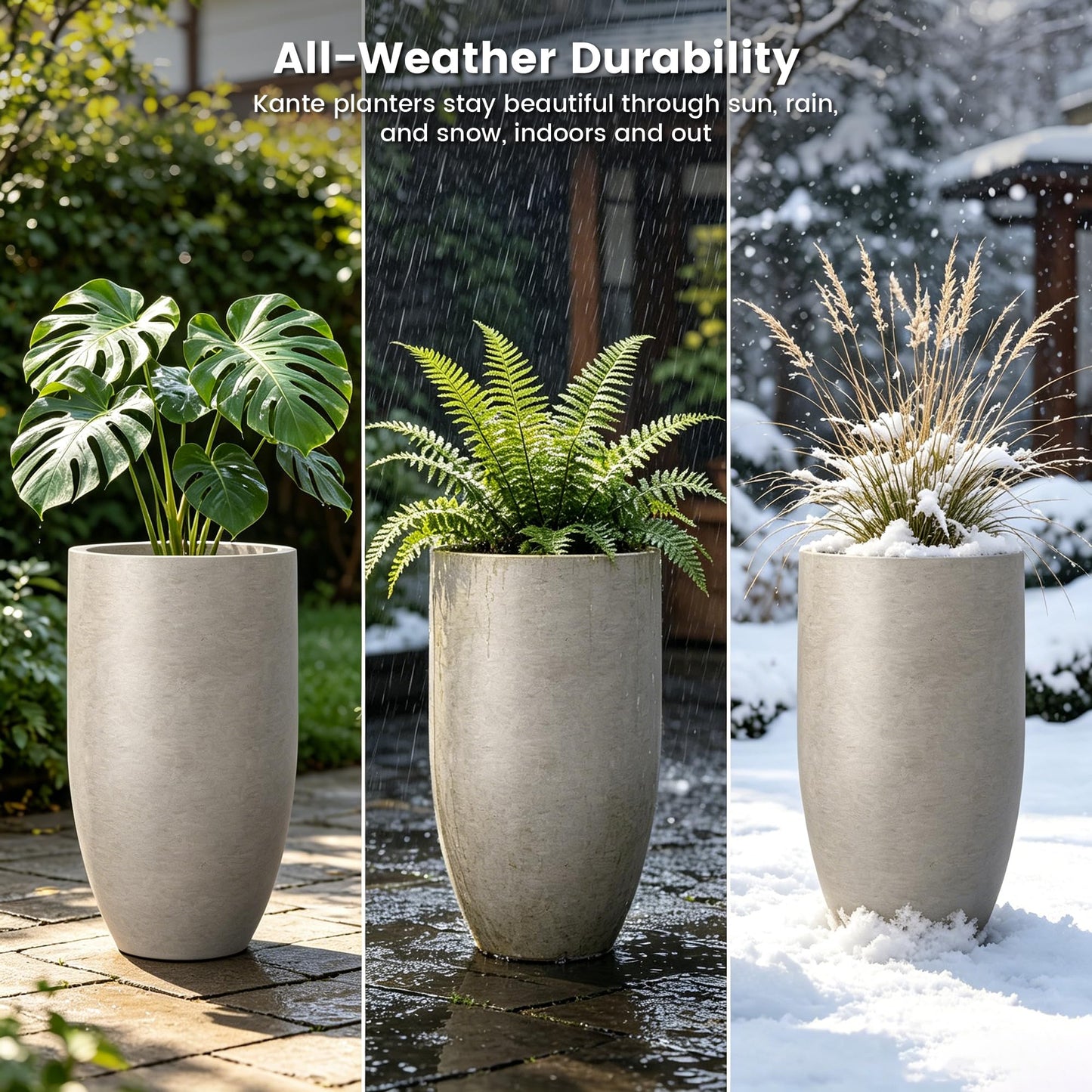 Kante 24" Tall Round Concrete Planter, 2 Pack Large Oval Plant Pots with Drainage Hole & Rubber Plug, Lightweight Weathered Concrete for Home Decor, Symmetrical Gift for Living Room Patio