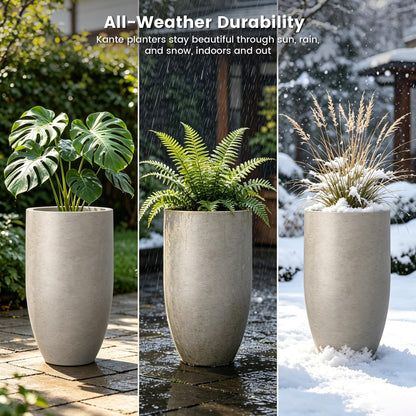Kante 24" Tall Round Concrete Planter, 2 Pack Large Oval Plant Pots with Drainage Hole & Rubber Plug, Lightweight Weathered Concrete for Home Decor, Symmetrical Gift for Living Room Patio