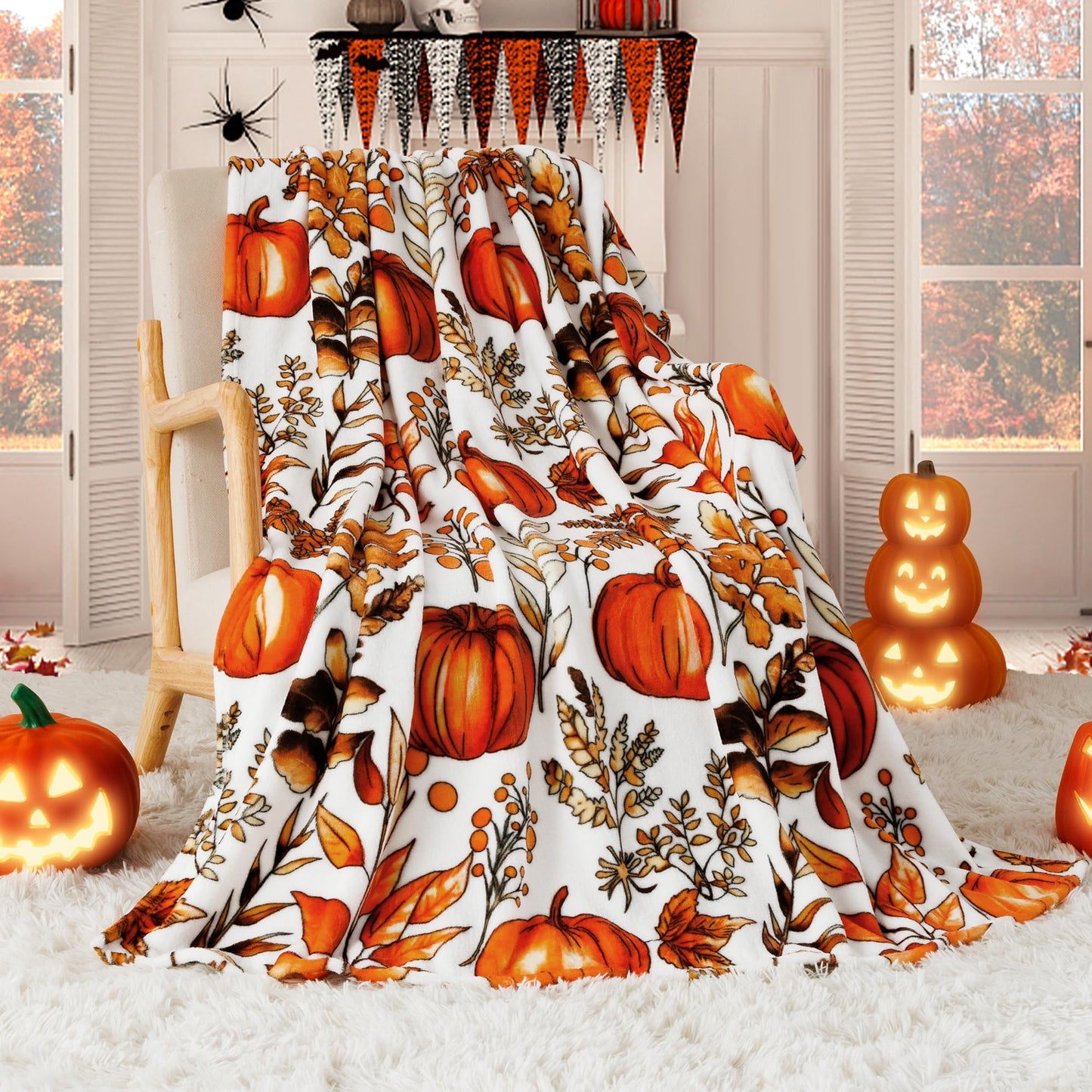 ROMROL Halloween Throw Blanket, Fall Throw Blankets, Fuzzy Fluffy Cozy Soft Throws, Pumpkin Leaves, Fleece Flannel Plush Blanket Halloween Fall Decor for Couch Bed Sofa (50" x 60")