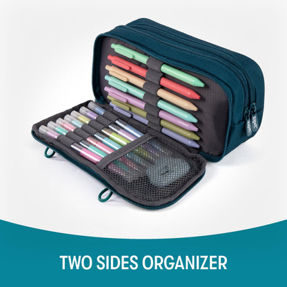 ZIPIT Half & Half Pencil Case, 3 Compartment Zipper Pouch for School, Stationery Bag for Teen Girls Boys and Adults, Teal