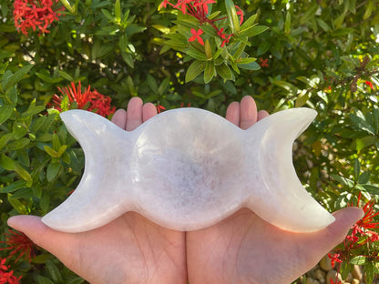 GAF TREASURES 8" Triple Moon Selenite Bowl, Gemstone Carved Selenite Crystal, Meditation Bowl, Reiki Bowl, Jewelry Holder, Crown Chakra, Cleansing, Charging, Healing