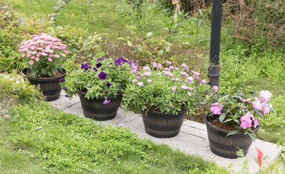 Gardenised Rustic Wood- Look Plastic Half Barrel Flower Pot Bucket Planter, Pack of 4