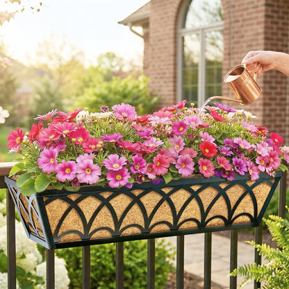 24 Inch Railing Planter Box Window Boxes Planters - 2 Pack Deck Railing Planter Boxes with Adjustable Brackets Coco Liners Balcony Planters Railing Hanging for Window Flower Boxes Outdoor Garden Decor
