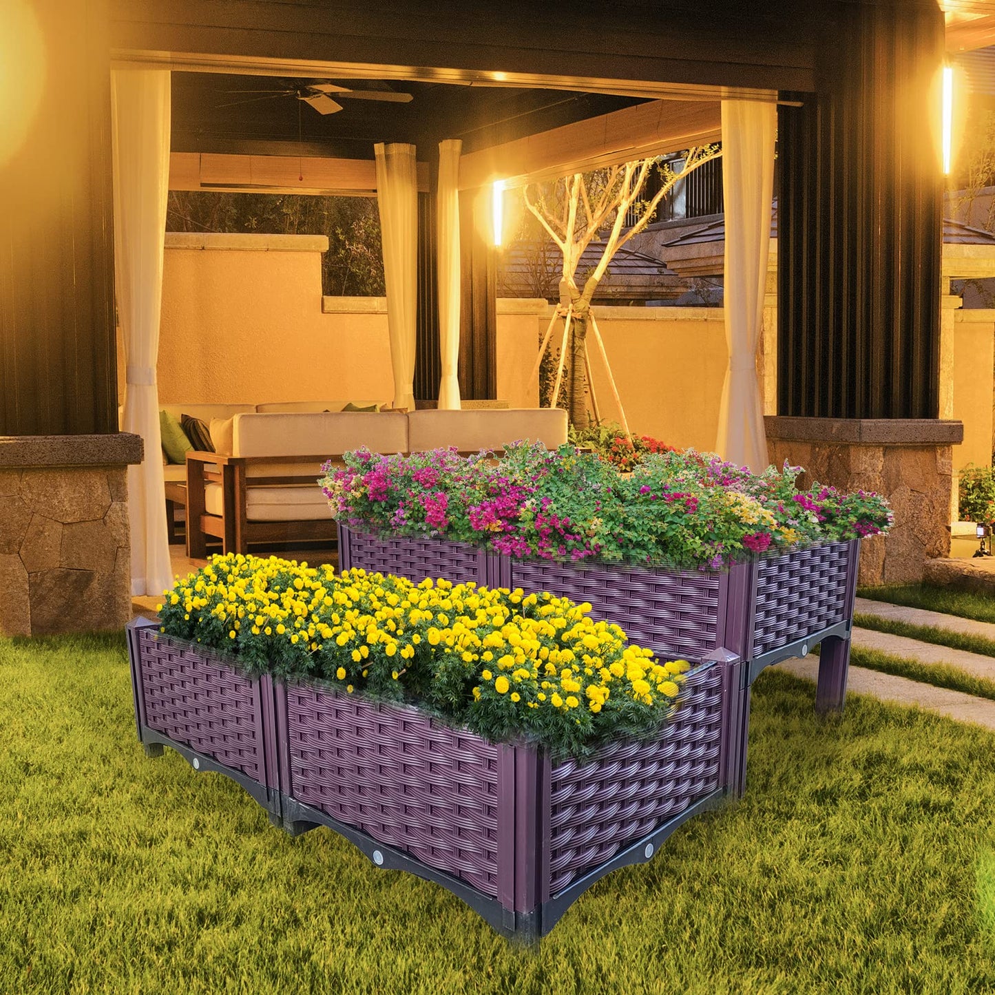 Doppy Plastic Raised Garden Bed Set of 4, Garden Bed Planter Kit for Outdoor Indoor Plants Elevated Garden Boxes Plant pots for Vegetables, Standing Garden Container for Backyard, Patio