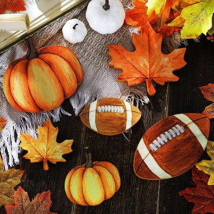 Bencailor 12 Pcs Fall Table Decor Wooden Pumpkins Maple Leaf Fall Football Tiered Tray Decor Thanksgiving Centerpiece Autumn Football Decorations for Home Kitchen Desk Office Party