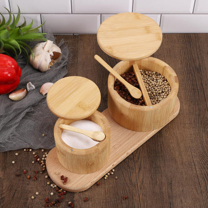 RAETTER.LY Natural bamboo Salt and Pepper Bowl, Bamboo Salt Cellar and Spices Storage Box With Built-in Spoon and Magnetic Swivel Lid (Two Compartments)