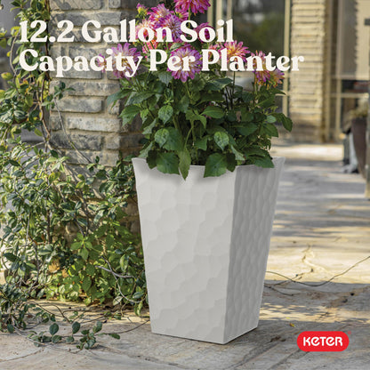 Keter Stone Tapered Planter Set of 2, Tall 26.4‑Inch Resin Outdoor Flower Pots with Stone‑Look Finish and 12.2‑Gallon Capacity, Cream