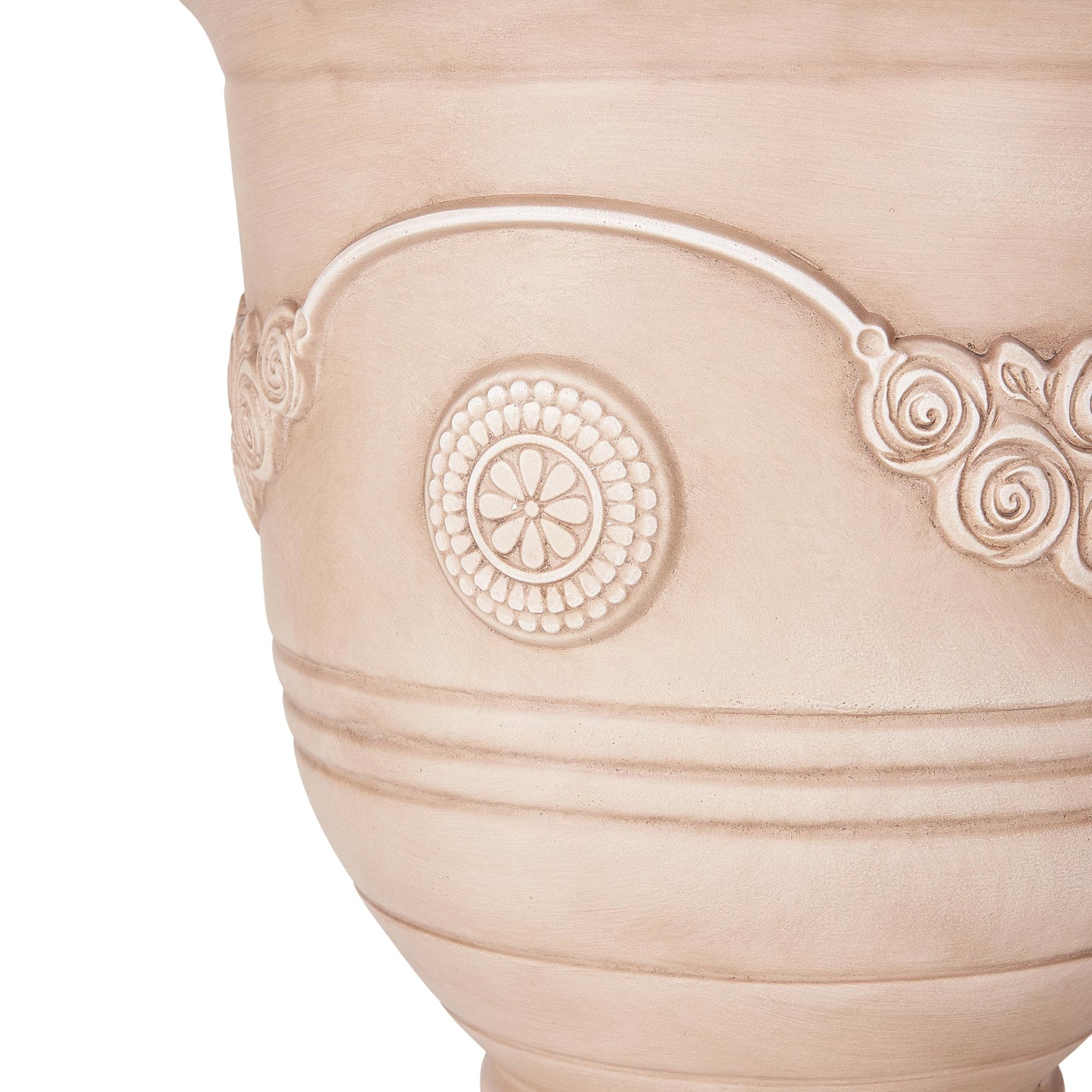 Christopher Knight Home Rewol Round Concrete Planter Set of 2, 2 Pack Garden Flower Pot with Drainage Hole, Floral Relif Patio Urn Planter for Outdoor Plants, Outdoor Planter Box, No Assembly, Beige